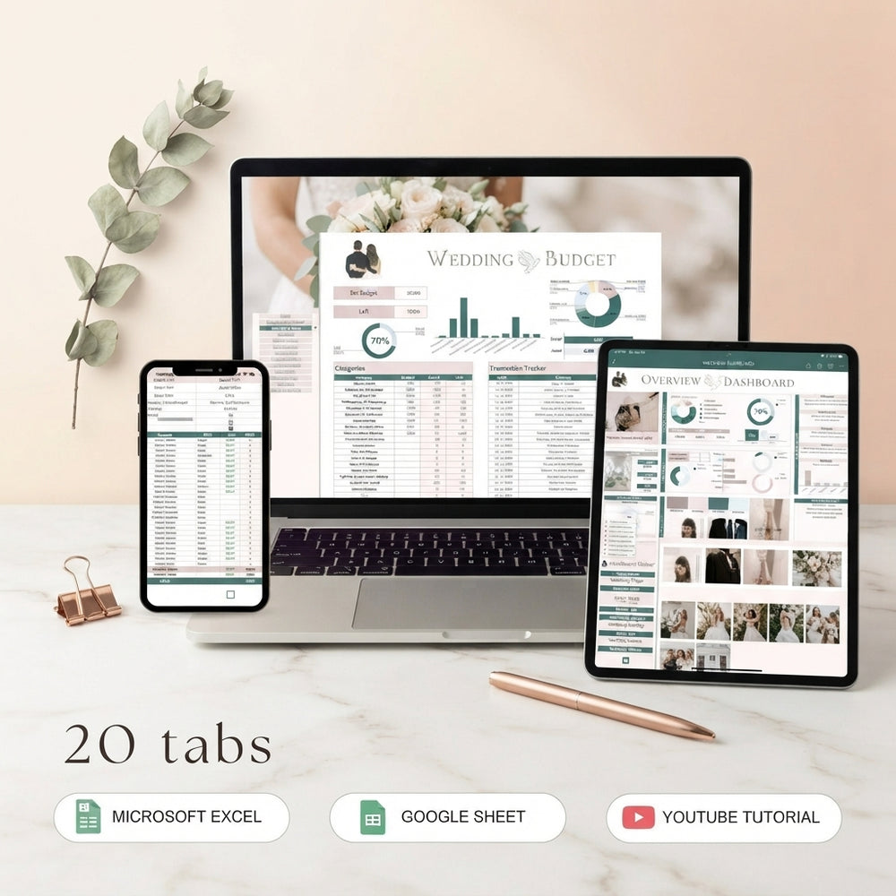 Digital wedding planner displayed across a laptop, tablet, and smartphone on a desk with cream and blush peach decor.