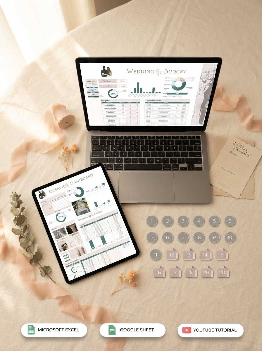 A laptop and tablet displaying a digital wedding planner on a cream surface with elegant wedding-themed stationery and greene