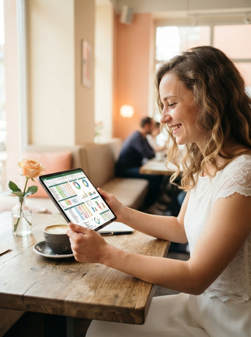 A bride reviewing a wedding budget spreadsheet on a tablet at a sunlit cafe table.