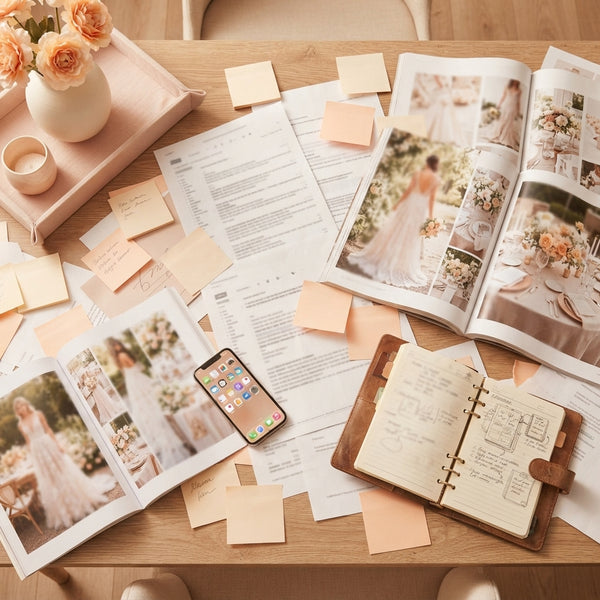A cluttered desk with scattered notes and disorganized planning materials representing the stress of wedding preparation.