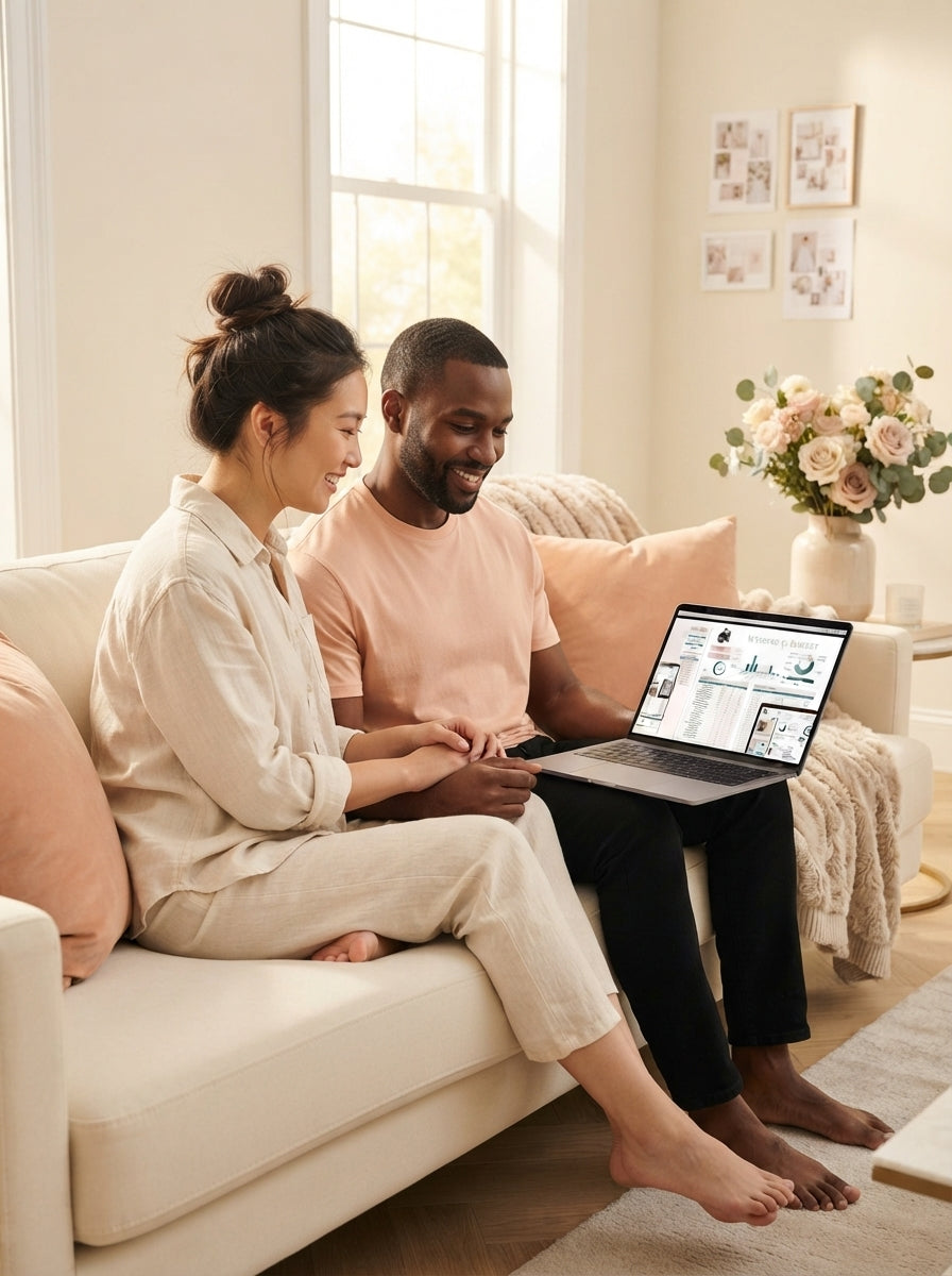 A happy couple sitting on a sofa looking at a wedding planning spreadsheet on a laptop in a sunlit, elegant room.